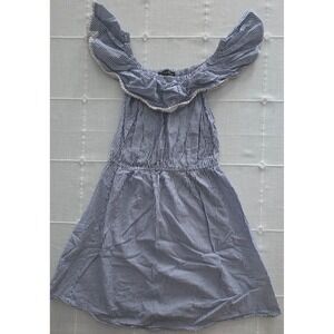 Most Collection Blue White Striped Off Shoulder Pom Pom Trim Mini Dress Large